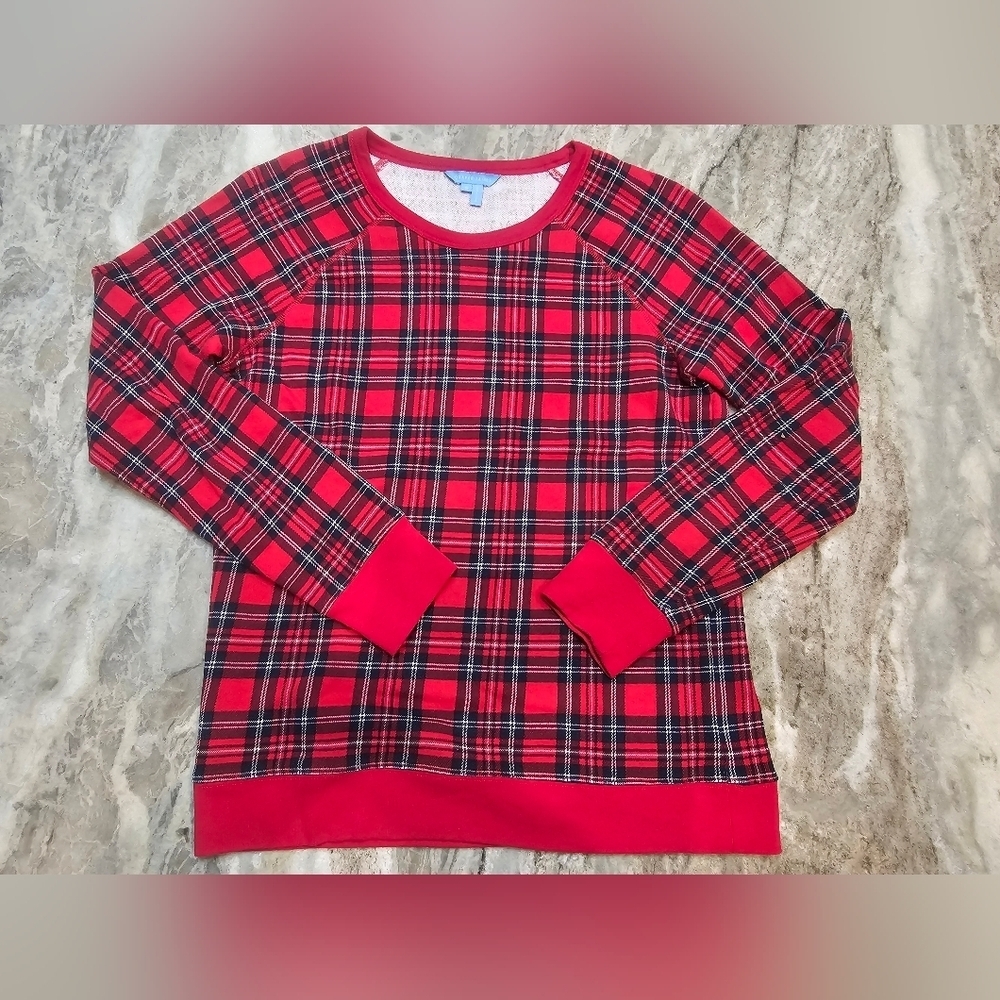 Draper James Red Plaid Cotton Sweatshirt Small Holiday Pullover Lounge Top